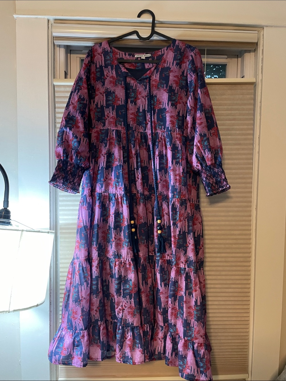 Relaxed Tiered Midi Dress in Pink & Navy Floral - [Brand Unknown]